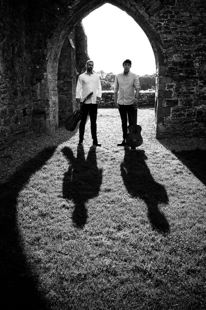 Éire Guitar Duo at Bective Abbey, black and white promotional photo, picture 2