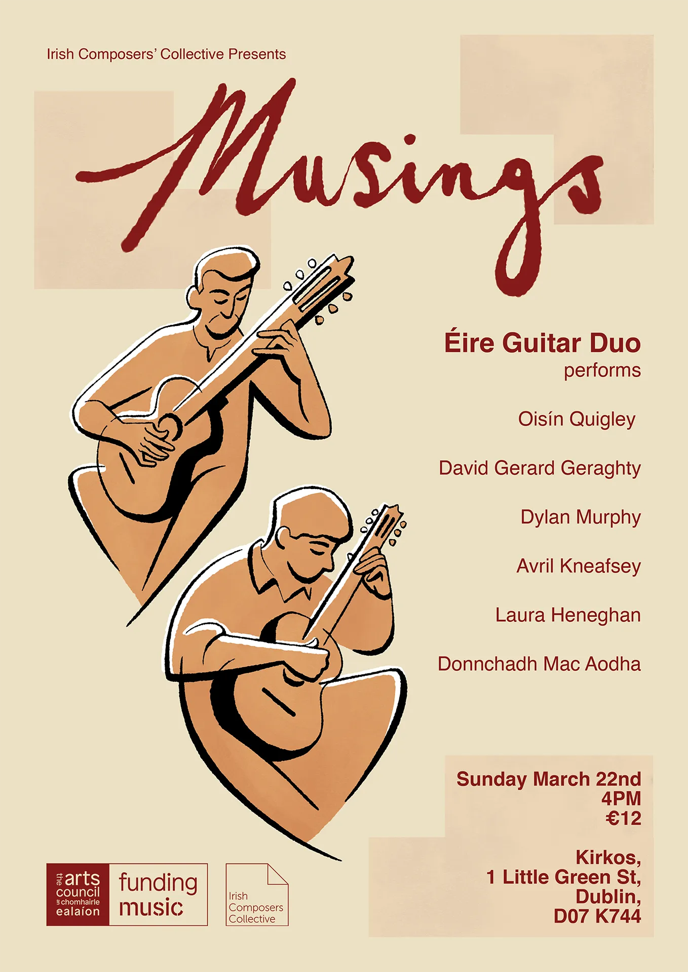 Concert poster for “Musings” featuring Éire Guitar Duo performing new works by Irish Composers’ Collective members at Kirkos, Dublin.